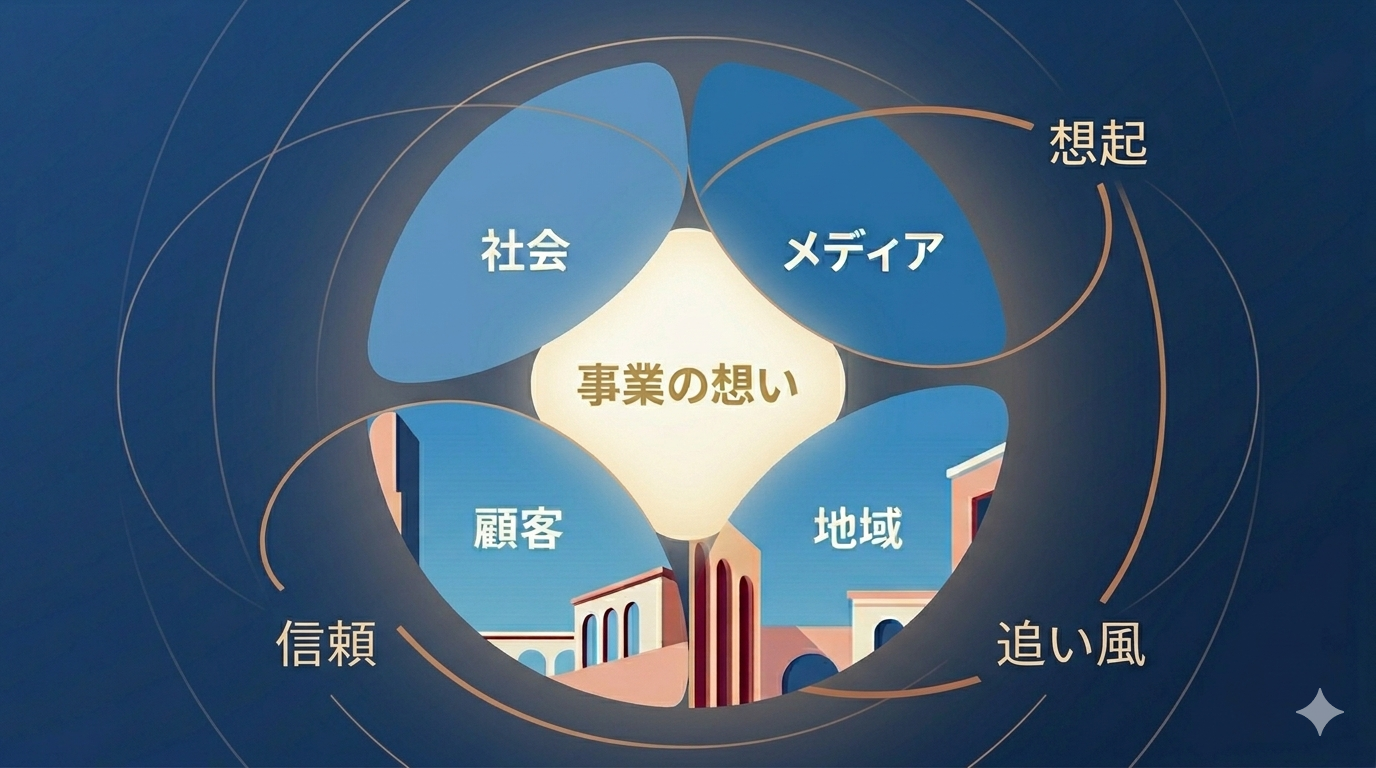 事業の想いが社会やメディアにつながり、信頼や追い風が生まれる広報の概念図